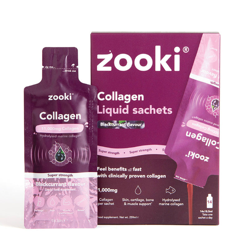 ZOOKI Super Strength collagen 11,000mg, blackcurrant sachets, 20-pack marine peptides