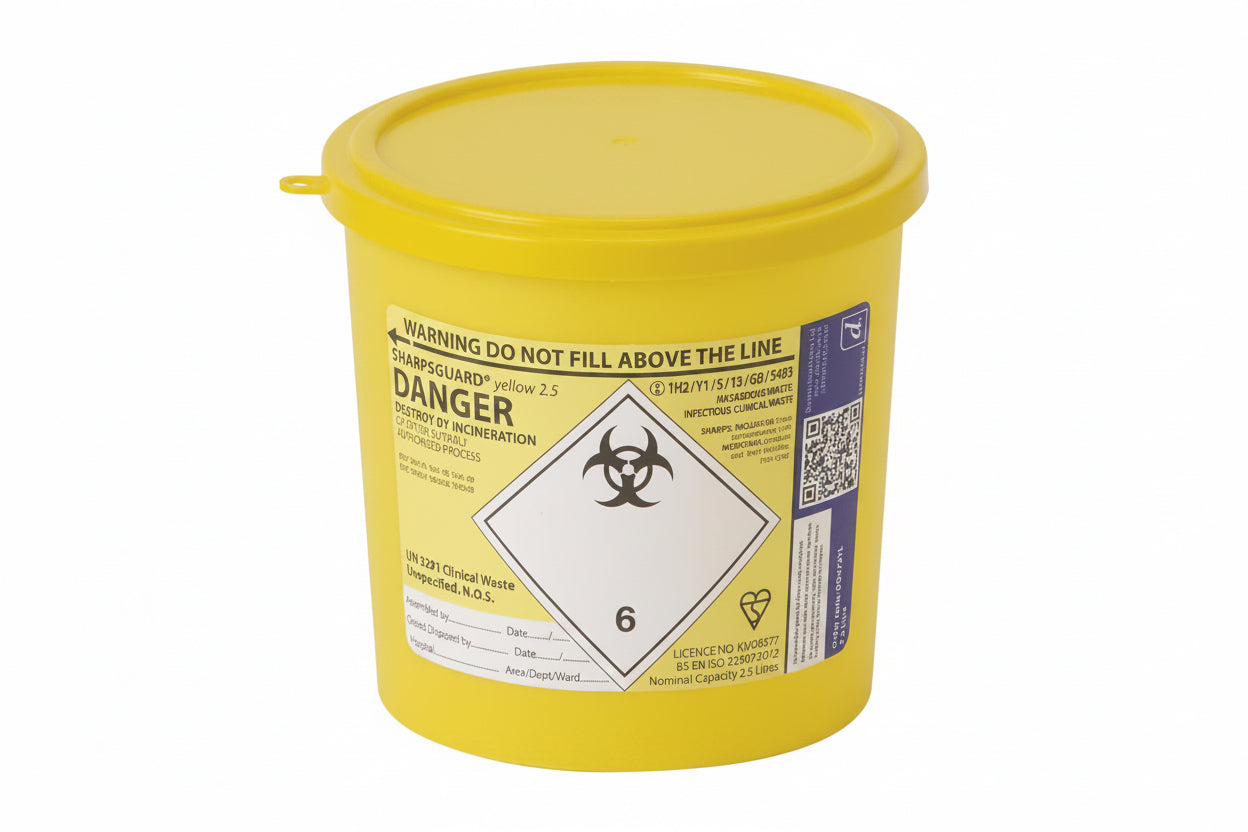 Sharpsguard yellow sharps bin 2.5L, medicinally contaminated needles and sharps, UK aesthetic clinic