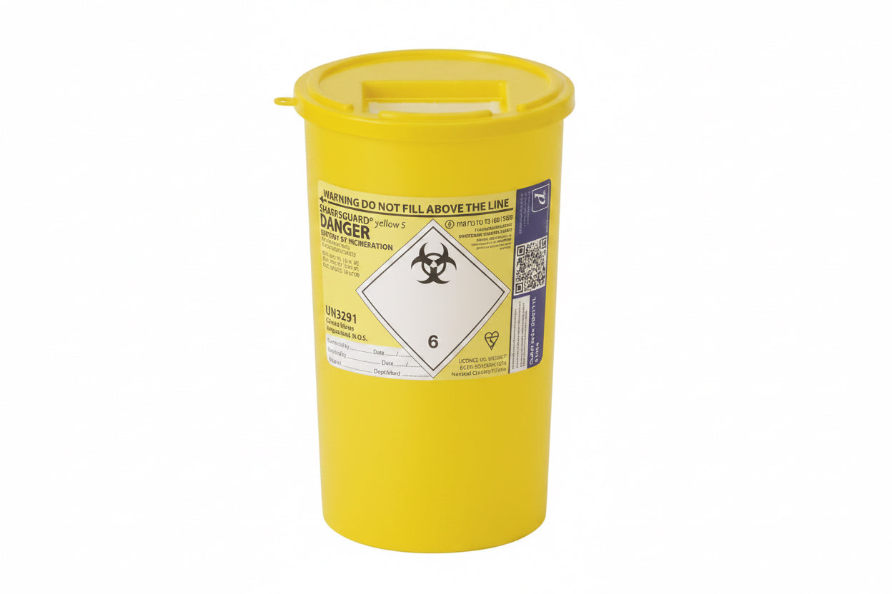 Sharpsguard yellow sharps bin 5L, medicinally contaminated sharps, for UK aesthetic clinic disposal