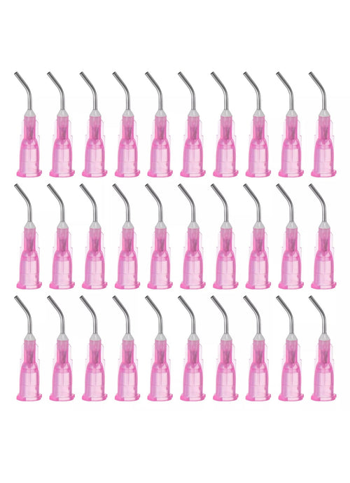 Blunt tip dispensing needle 18G 0.45 inch bent Luer, pink, 100 pack, for UK aesthetic clinics