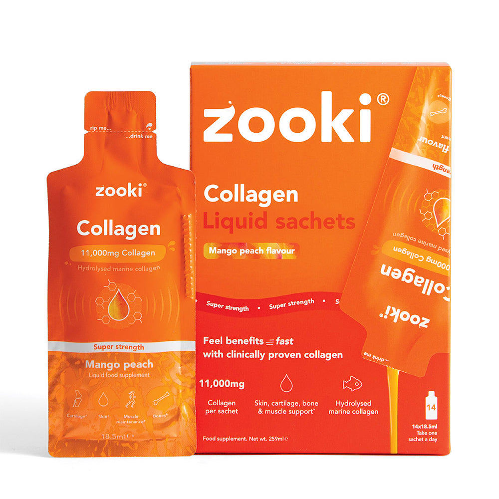 ZOOKI Super Strength collagen 11,000mg, mango peach sachets, 14-pack marine peptides for professional retail