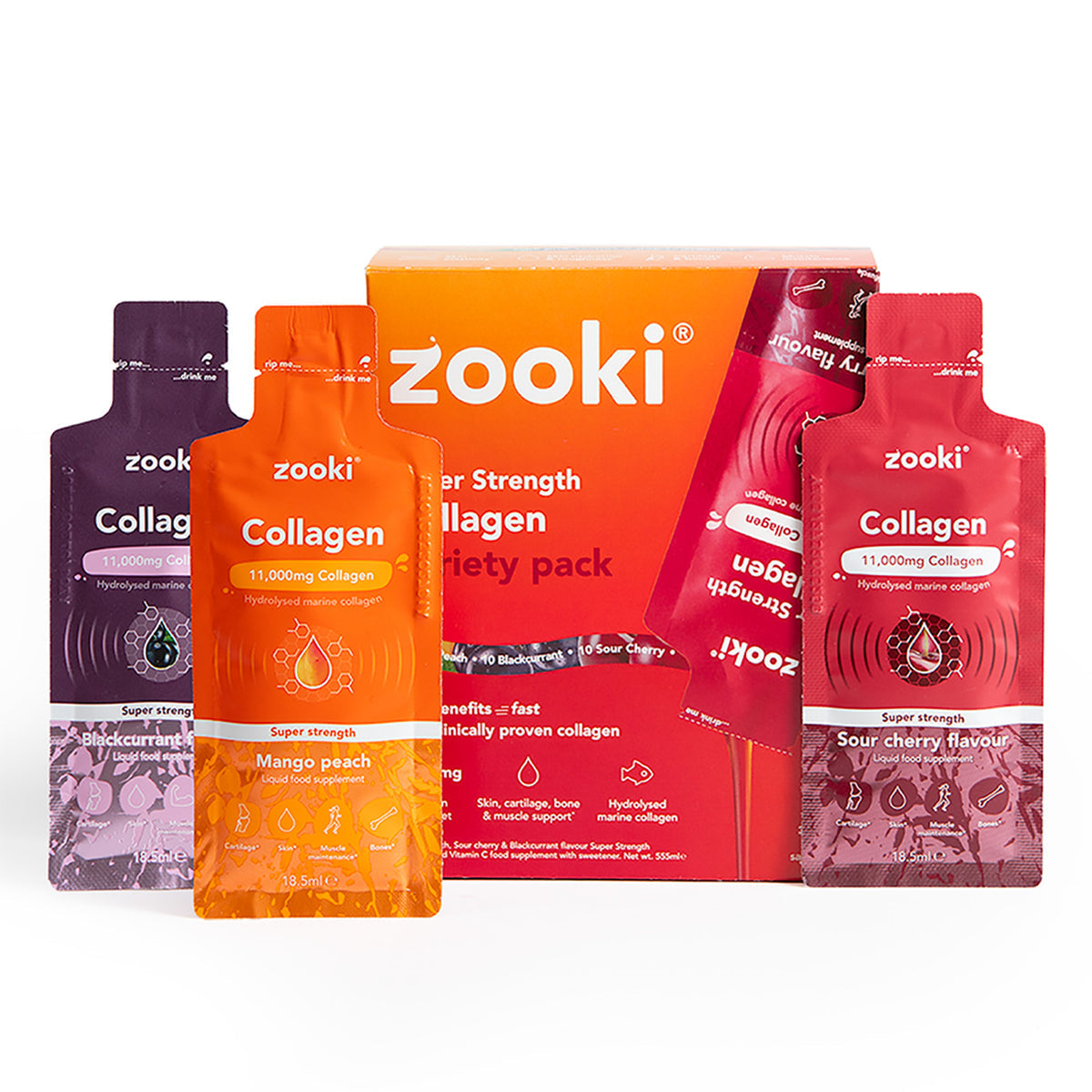 ZOOKI Super Strength collagen 11,000mg variety pack, 14 sachets, assorted marine peptide supplement