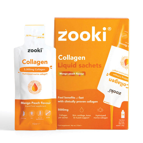 ZOOKI collagen 5,000mg, mango peach sachets, 14-pack marine peptides for professional aesthetic retail