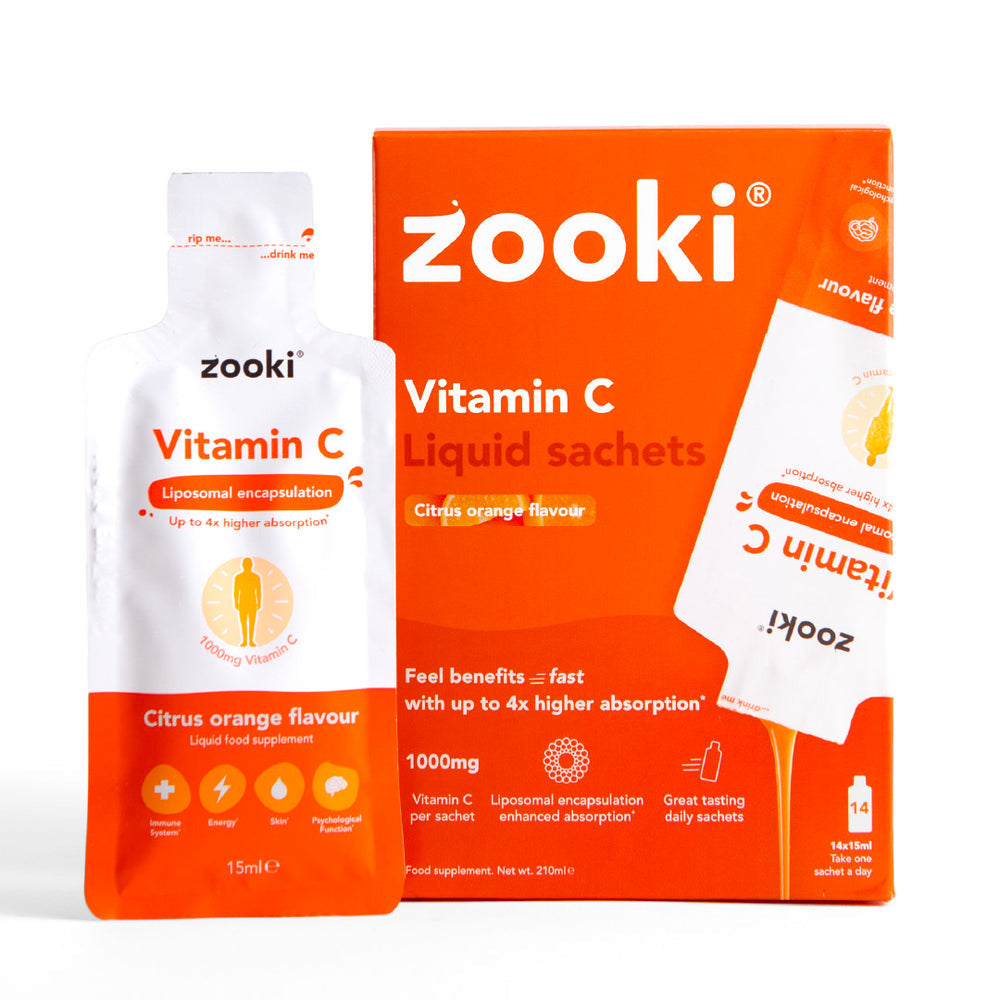 ZOOKI liposomal vitamin C liquid, citrus orange sachets, 14-pack antioxidant supplement for clinics