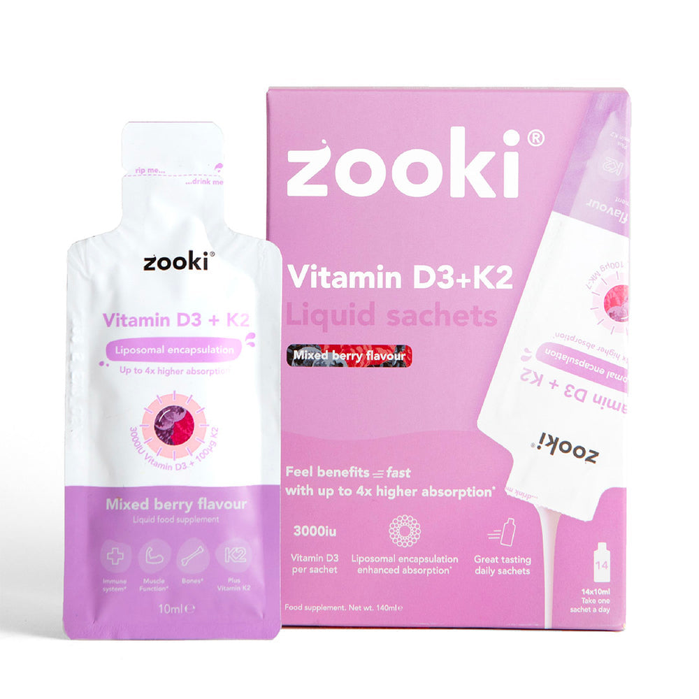 ZOOKI liposomal vitamin D3 and K2 liquid, mixed berry sachets, 14-pack nutritional supplement