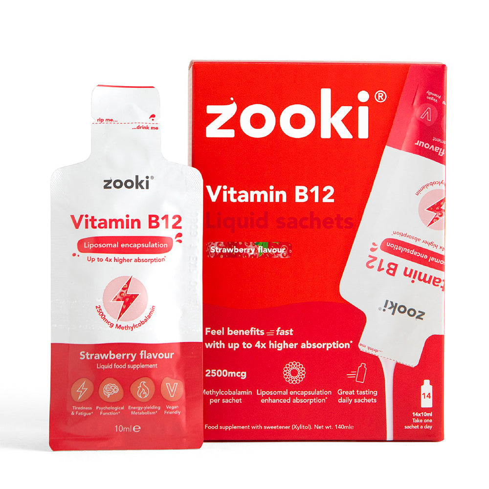ZOOKI liposomal vitamin B12 liquid, strawberry sachets, 14-pack energy and wellness supplement