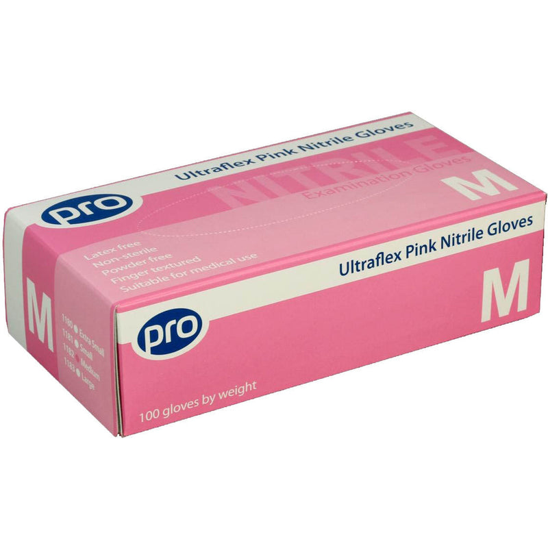 Ultraflex pink nitrile glove, powder-free, large, 100 pack, for UK aesthetic clinic use
