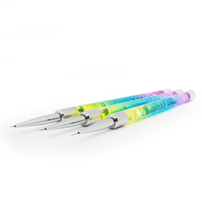 Glitterbels Rainbow Fine Detailer Brushes (3 Brushes) brush for gel art and acrylic application by UK nail technicians