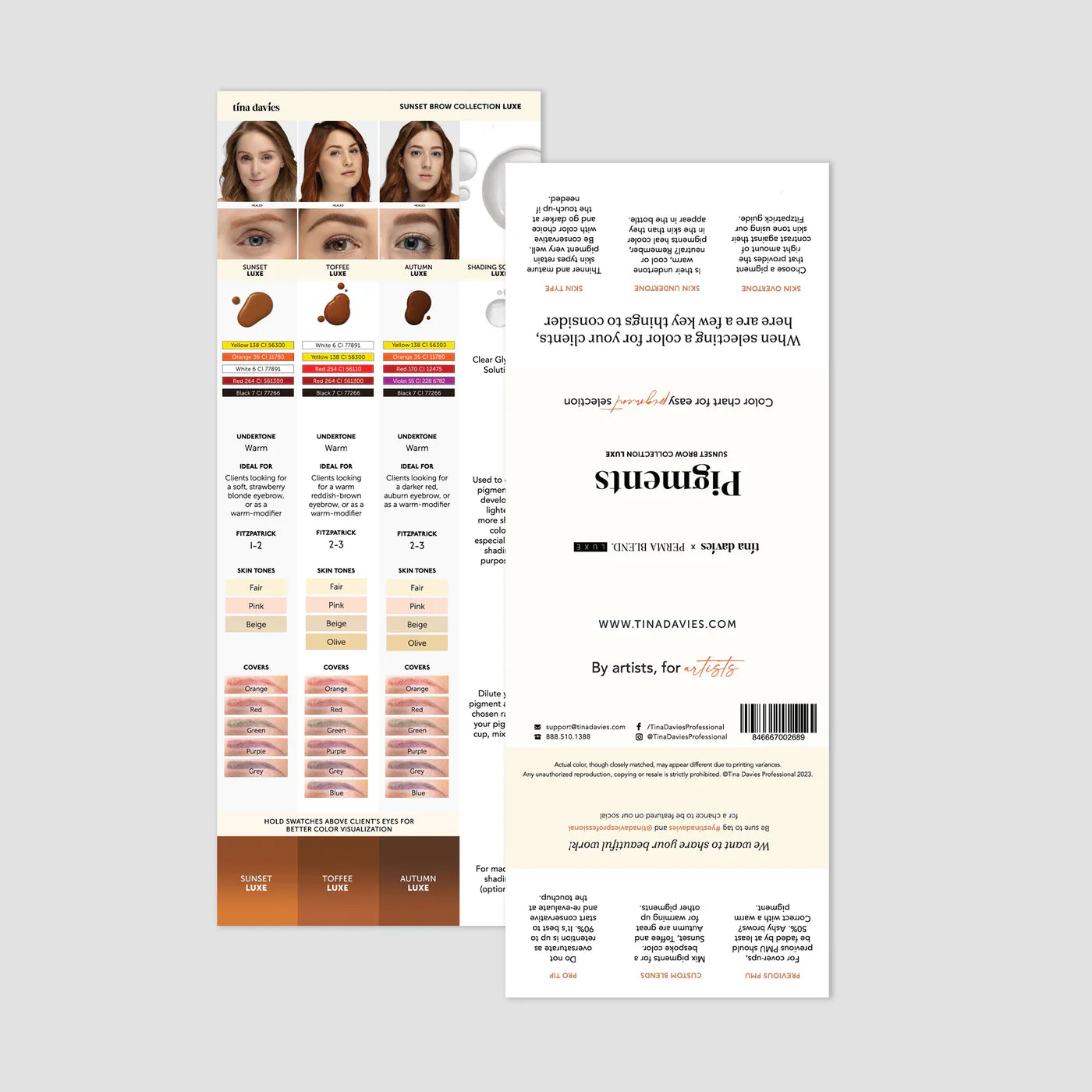 Tina Davies Sunset LUXE pigment colour chart for shade consultation, for licensed UK permanent makeup artists