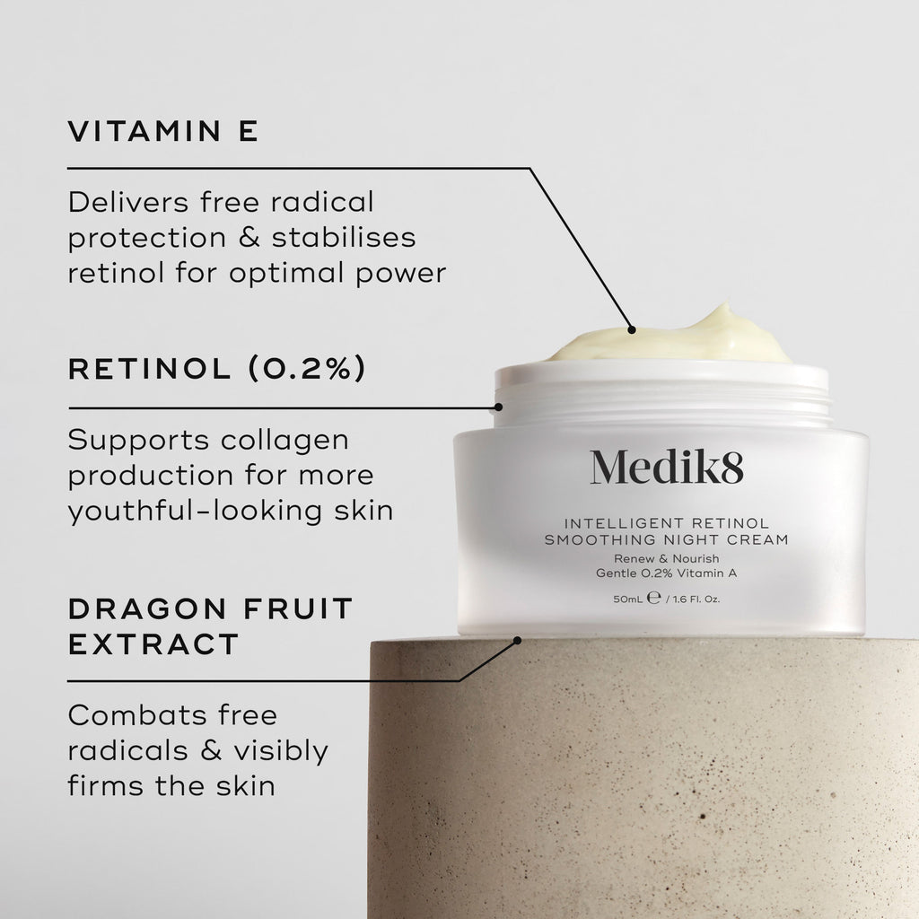 Medik8 Intelligent Retinol smoothing night cream, 0.2% gentle vitamin A, nourishing sleep treatment