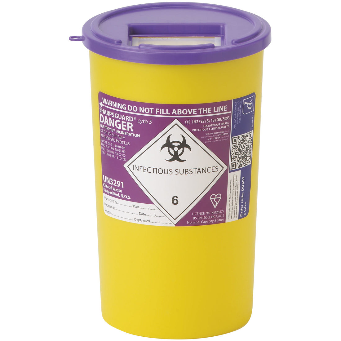 Sharpsguard Cyto 5L sharps bin, yellow, cytotoxic waste, for UK aesthetic clinics