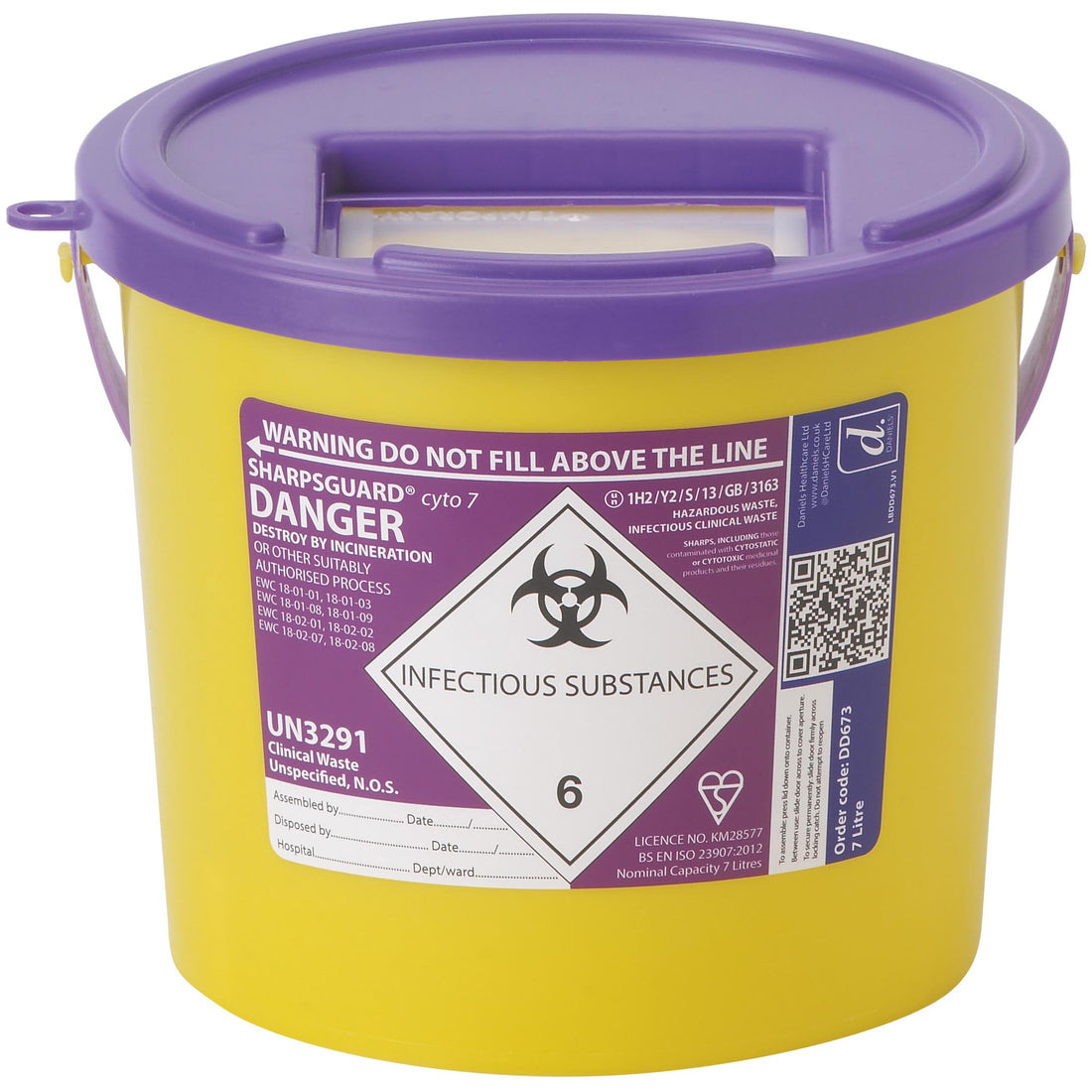 Sharpsguard Cyto 7L sharps bin, yellow, cytotoxic clinical waste, for UK aesthetic clinics